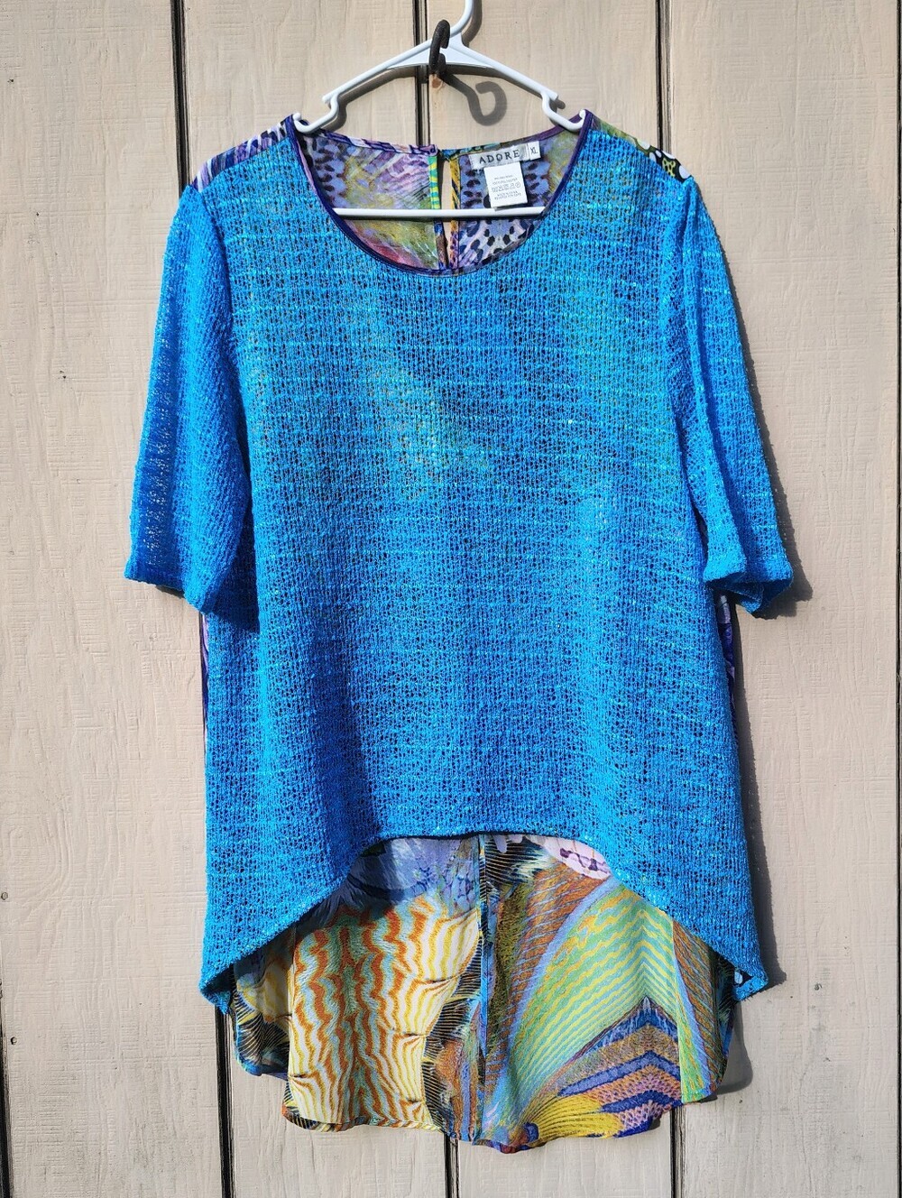 Adore XL Mixed Media Tunic Top – Blue Crochet Overlay Boho Chic